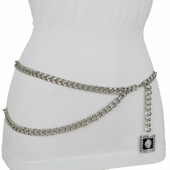 Women High Waist Hip Silver Metal Chain Links Wave Belt Lion Charm Size XS S M - Picture 8 of 17